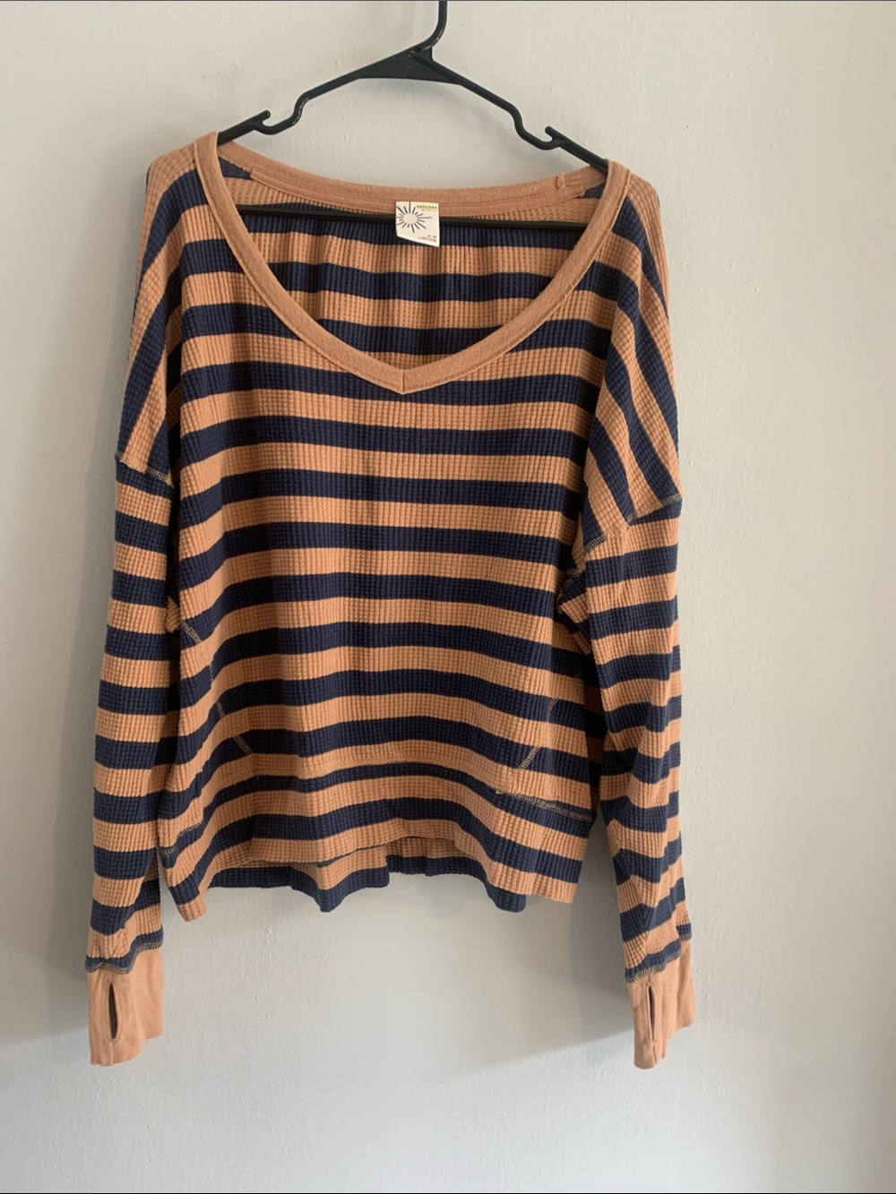AERIE Striped V-Neck Waffle Knit Top - Navy & Tan